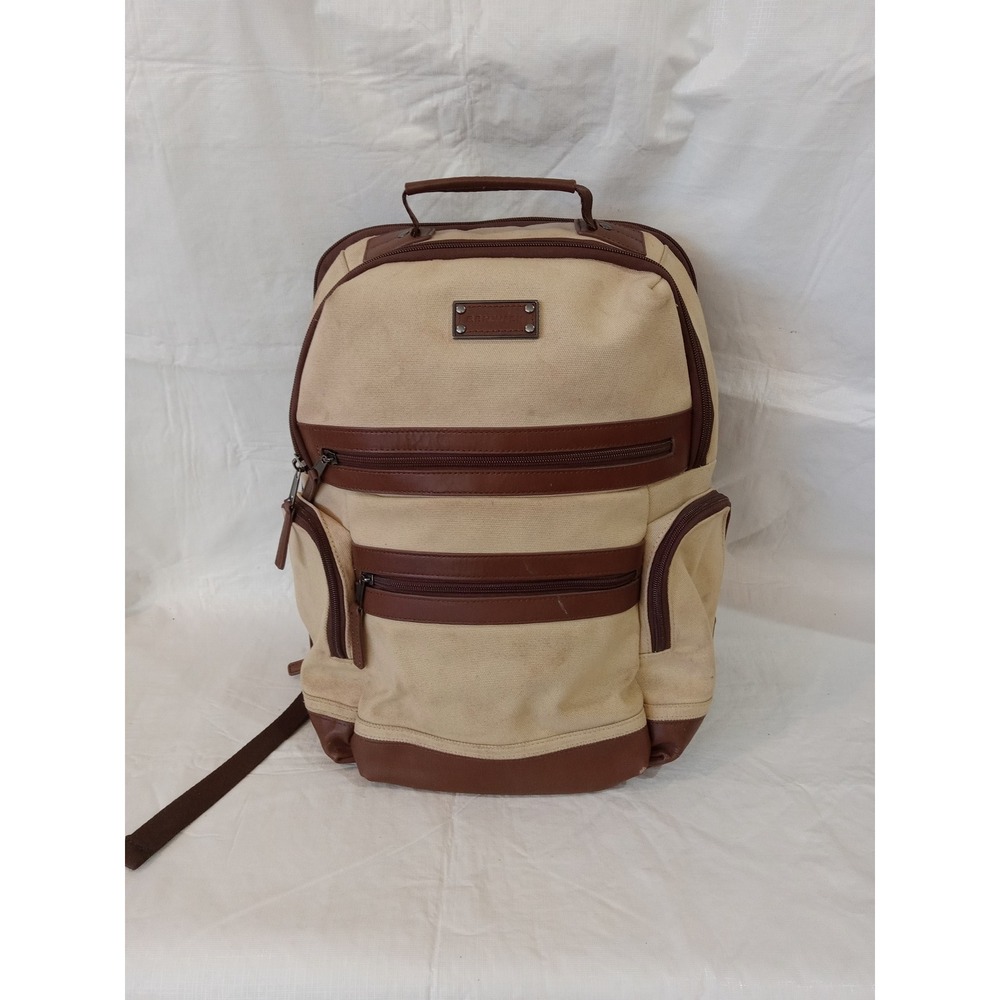 RENWICK Canvas Leather Trim Backpack Tan Brown Multiple Pockets Travel School